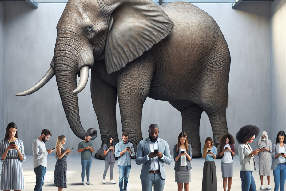 No one notices the elephant in the room; they are too busy staring at their phones.